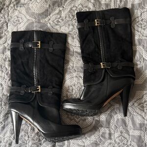 Cole Haan Smooth and Suede Black High Heel Boots Floor Sample 11B. Ret $398